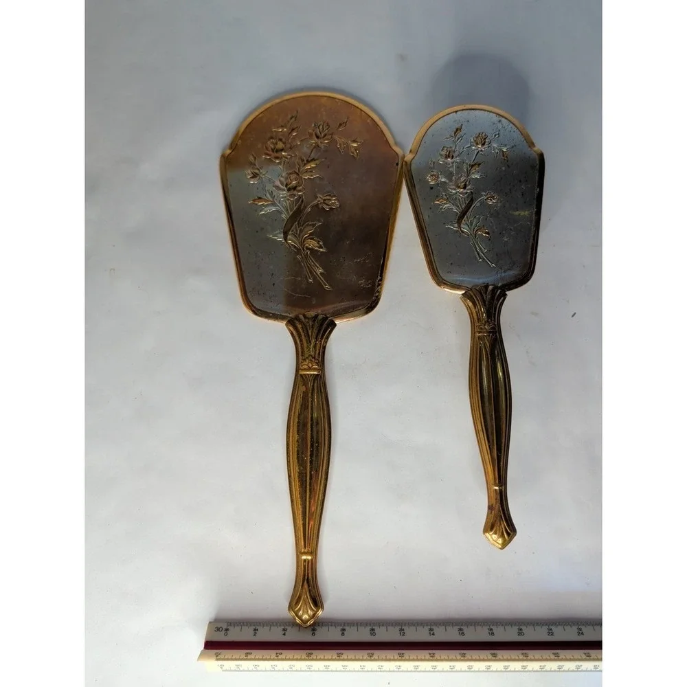 Vintage Matson Style Gold Tone Mirror and Brush Set